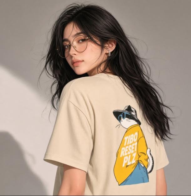 クリーム色のAgent Cat Tシャツ背面の黄色いフーディー猫とTIBO RESET PLZグラフィック