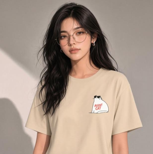 クリーム色のAgent Cat Tシャツ前面にある小さな猫ロゴ