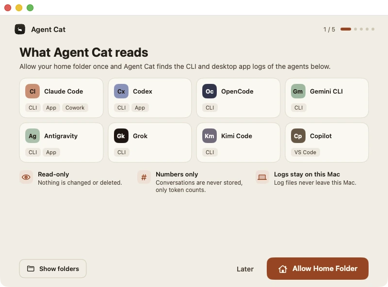 Setup screen listing agents read on this Mac and explaining read-only access