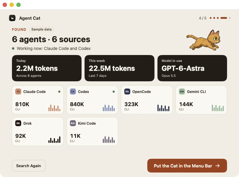 App view showing six agents, today’s and this week’s tokens, and the models in use